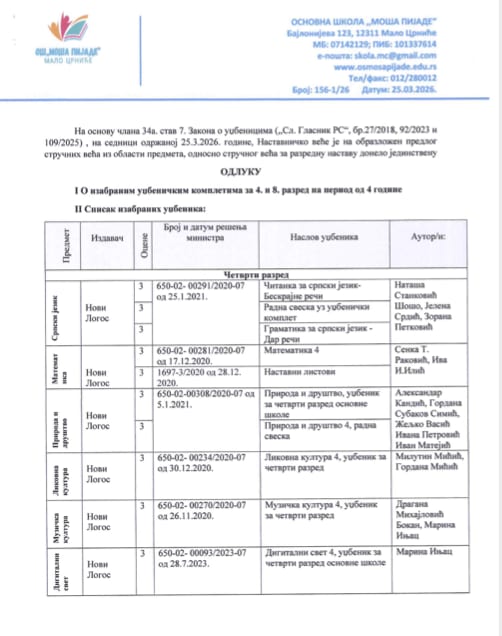 Odluka o odabranim udžbenicima za 8. i 4. razred na period od 4 godine