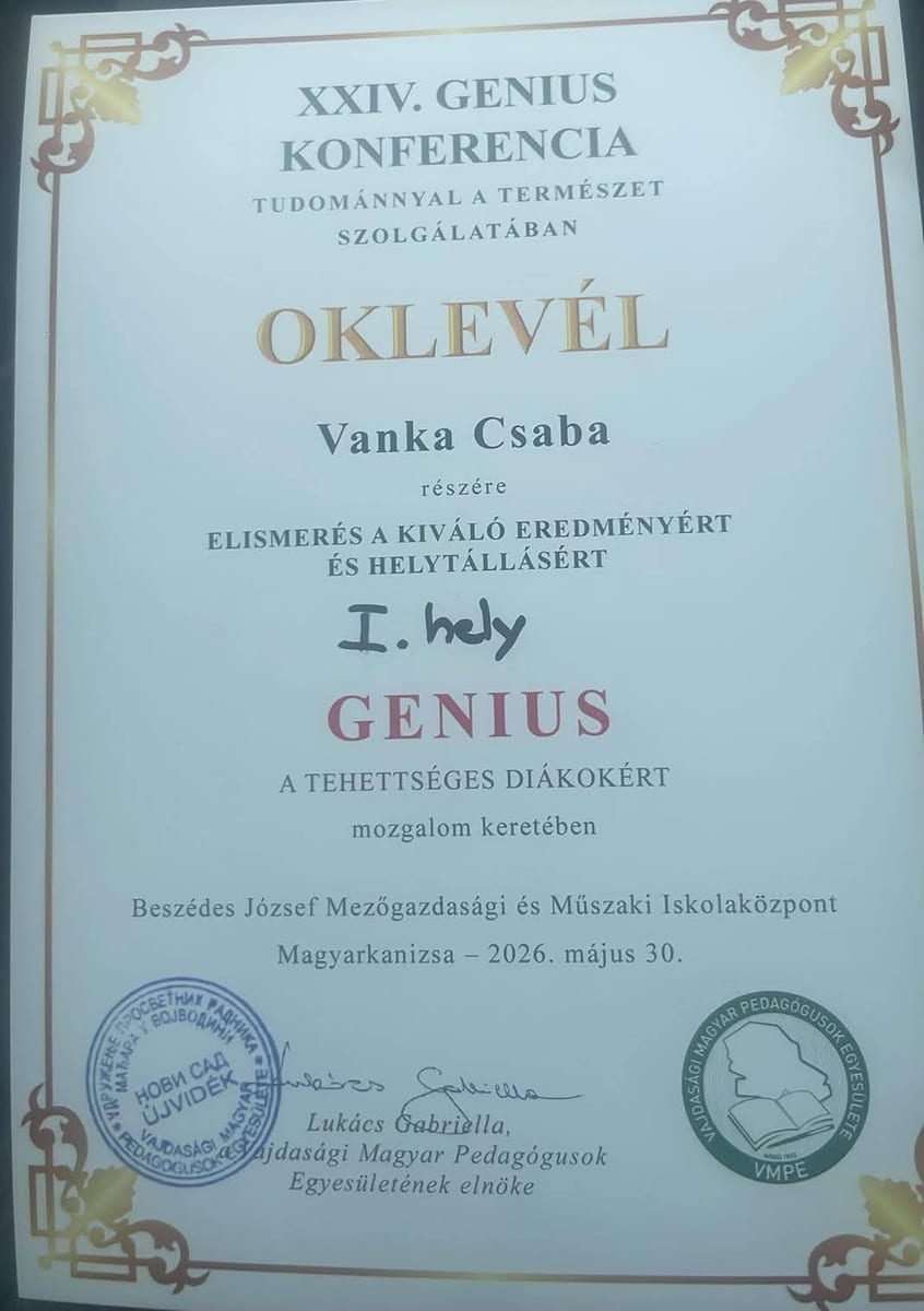 A 3E2 osztály tanulója, Vanka Csaba első helyezést ért el a XXIV. Genius Konferenciáján.