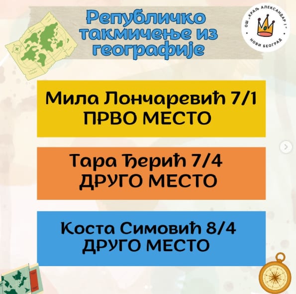 REPUBLIČKO TAKMIČENJE IZ GEOGRAFIJE: Tri medalje za našu školu